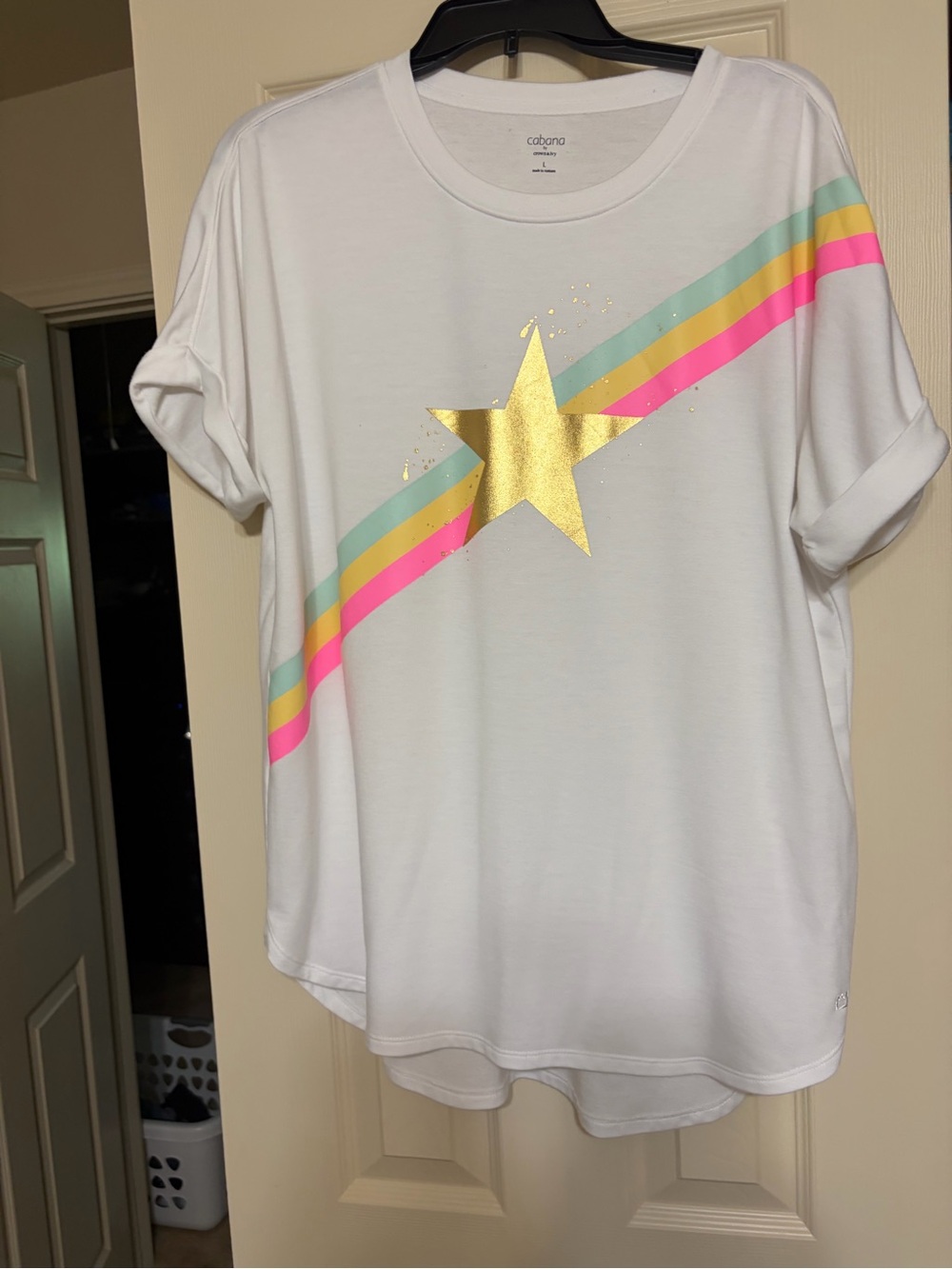 crown & ivy White Tee with Gold Star and Pastel Stripes